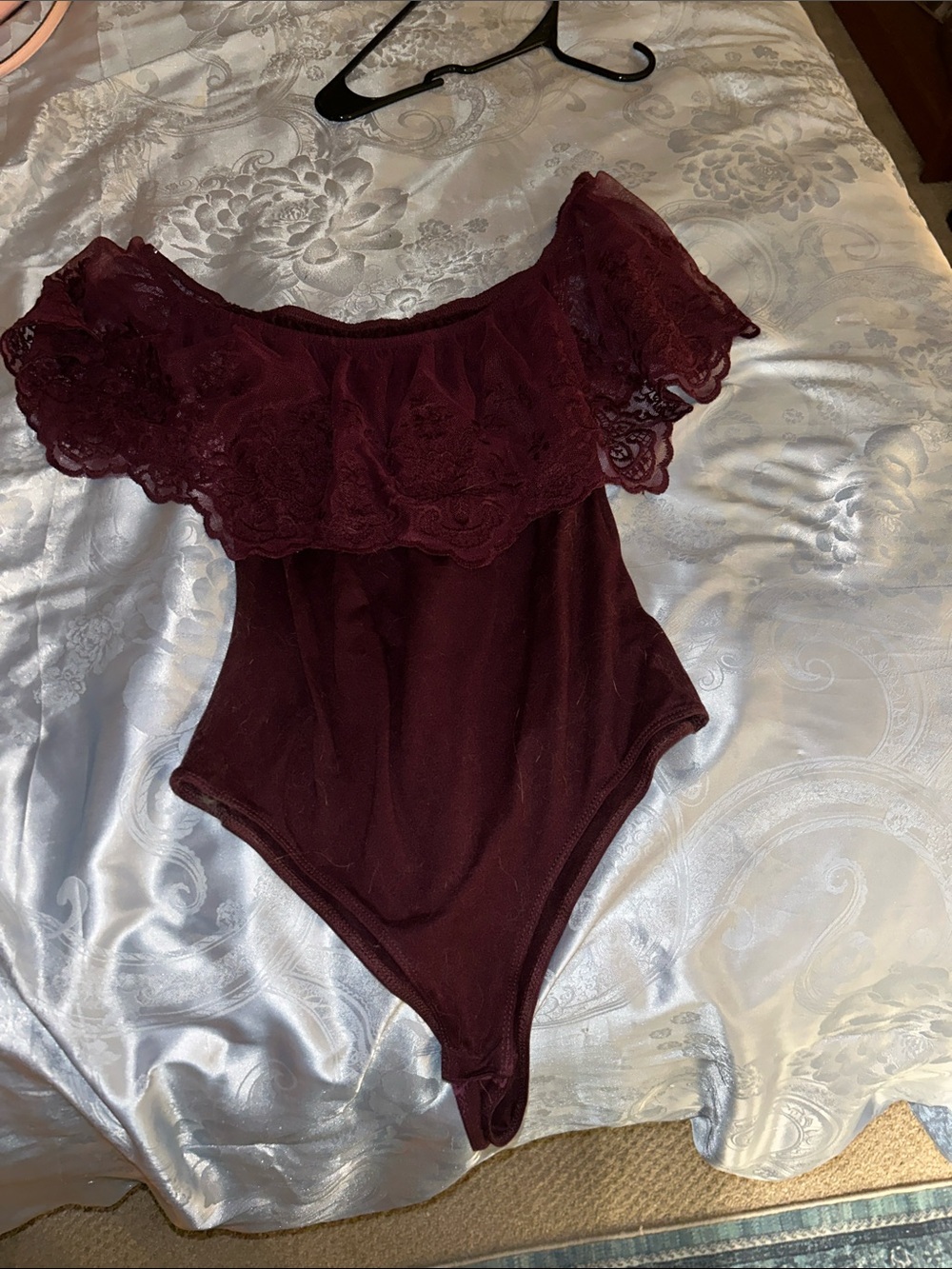 Off-Shoulder Lace Ruffle Bodysuit in Burgundy